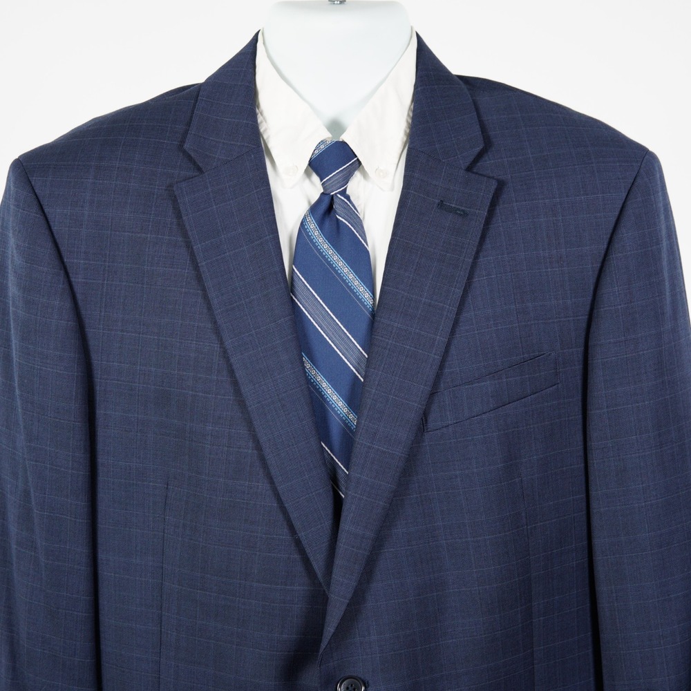 Tommy Hilfiger Mens Blue Plaid Wool Blazer Sport Coat 44L 2-Button Double Vent